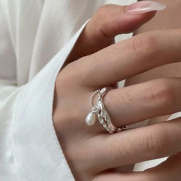 小众925纯银戒指女天然灰月光石珍珠气质挂ins潮冷淡风轻奢指环