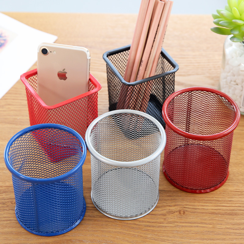 Color Iron Hollow Pen Holder round/Square Metal Grid Pen Holder Student Office Learning Desktop Storage Container