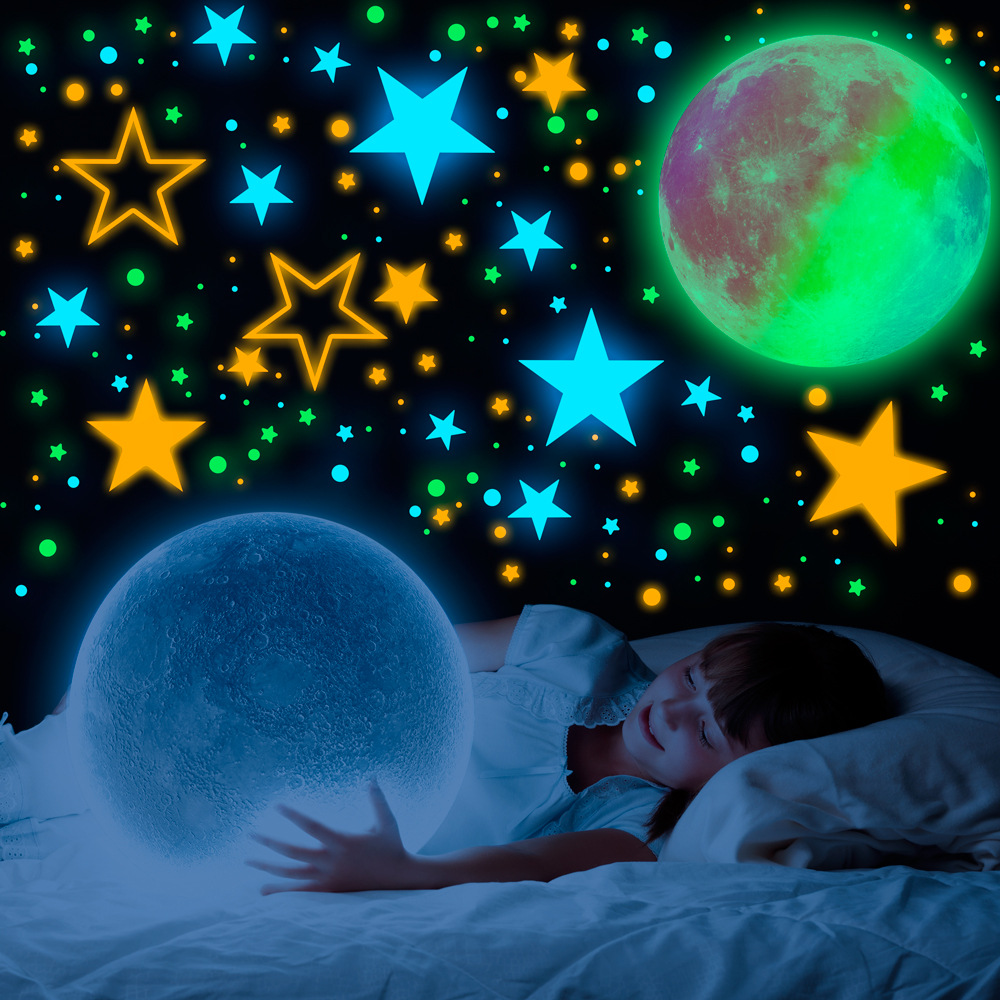 1560pcs彩色夜光贴粉色蓝色星星圆点彩虹色月球卧室儿童房墙贴