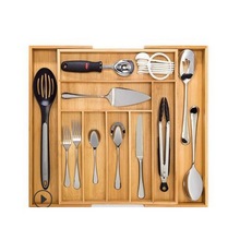 竹制厨房刀具收纳盒可伸缩刀叉分割整理盒抽屉式餐具收纳盒