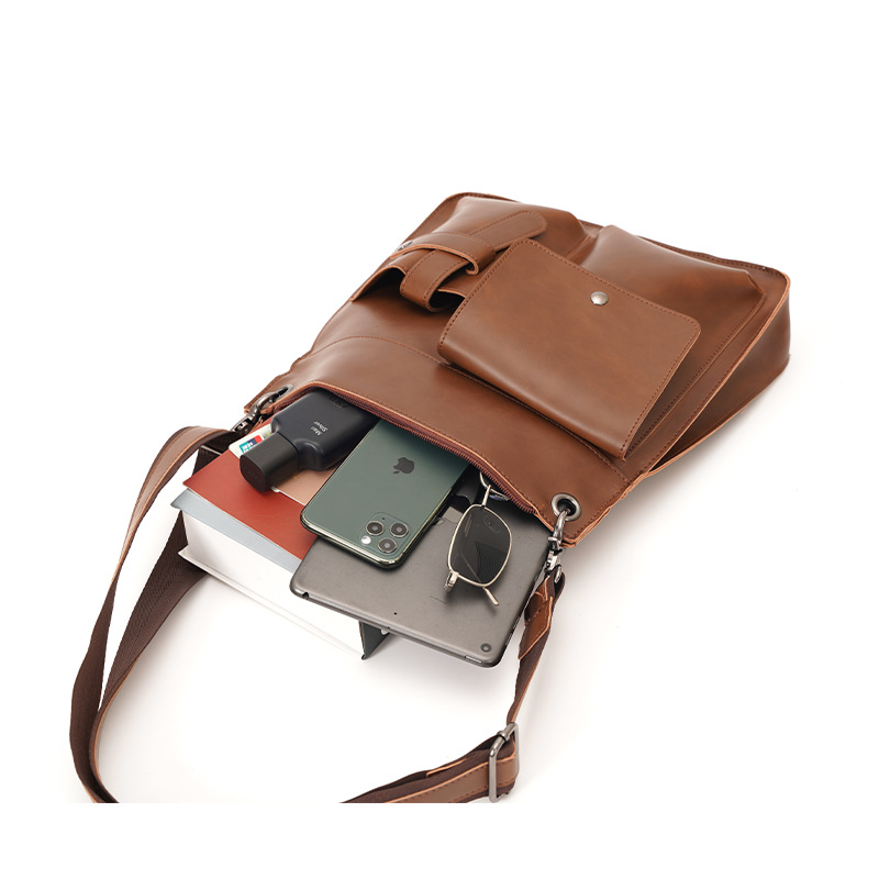 New Flow Backpack Pu Leather Men's Fashion Messenger Bag Vertical Shoulder Bag Men's Retro Casual Messenger Bag Mobile Phone Bag