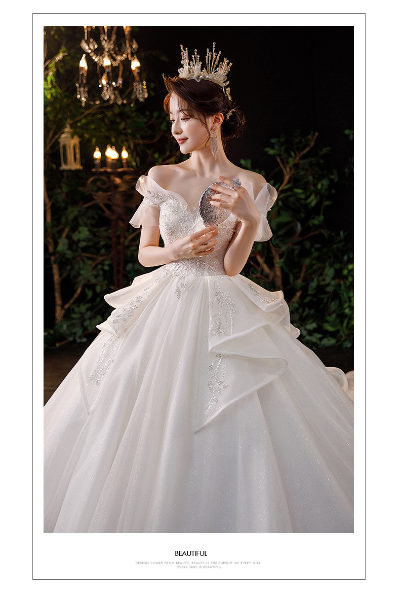 2021新款婚纱法式新娘一字肩重工奢华孕妇主纱宫廷风大拖尾轻夏季