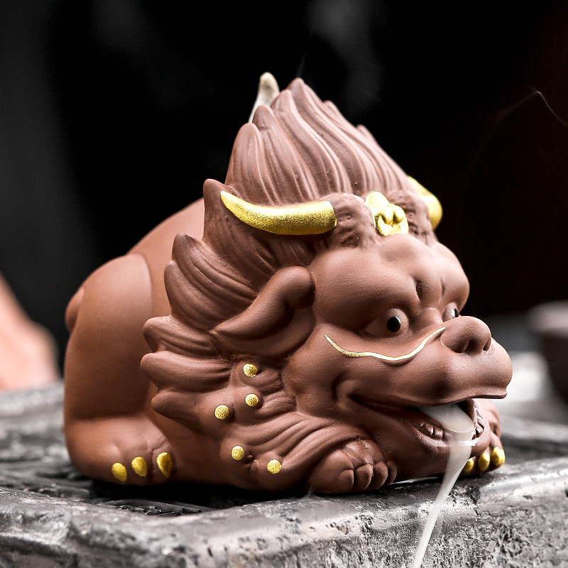 上古神兽狻猊茶宠倒流香摆件可养招财个性精品紫砂陶瓷香道茶玩