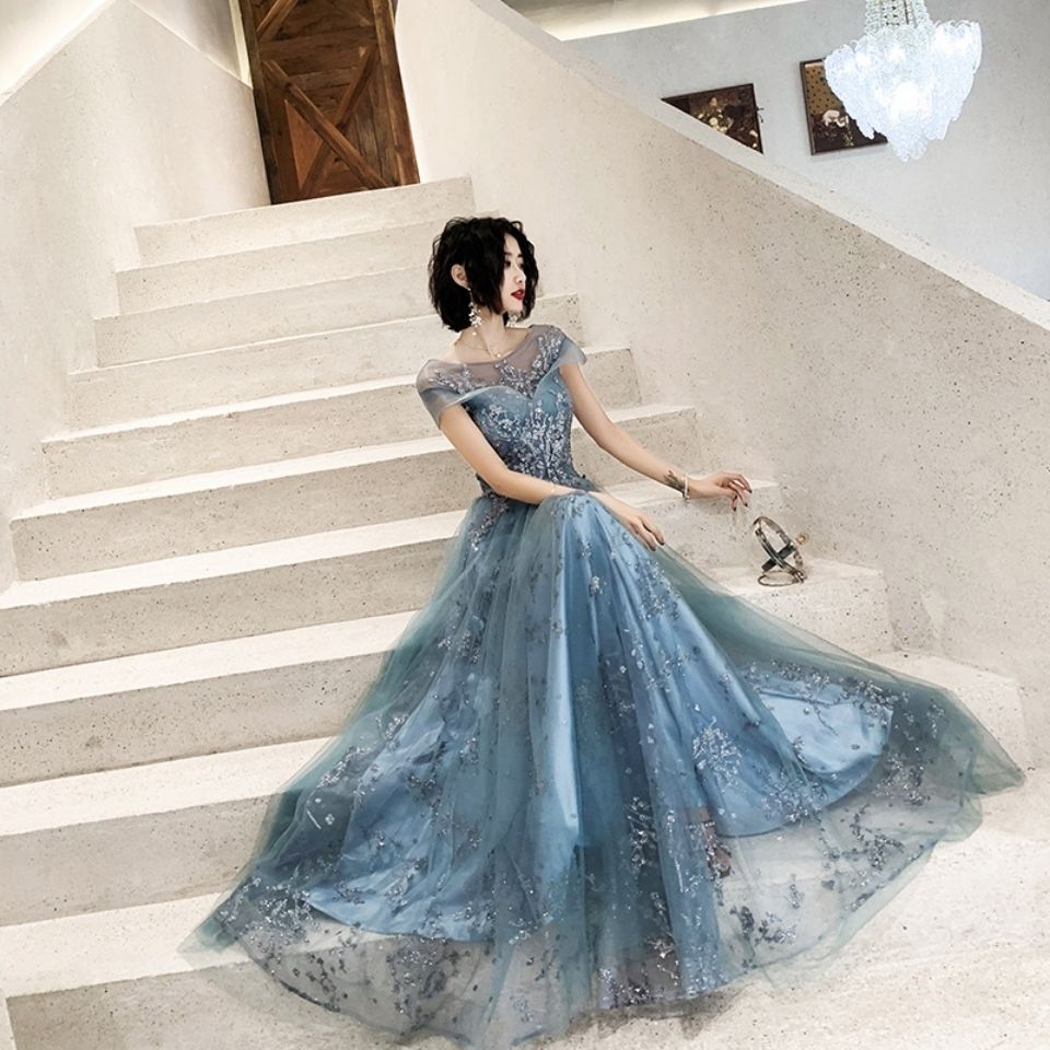 一字肩高档晚礼服蓝色女婚礼年会主持人仙气星空梦幻气质宴会长款