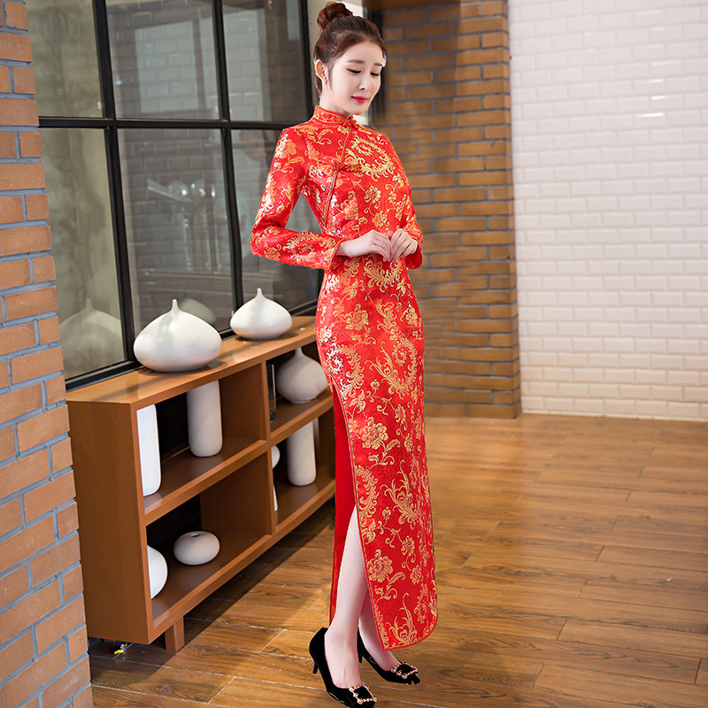 礼仪服装女迎宾小姐服旗袍礼服长款婚庆长袖走秀演出服中国风短款