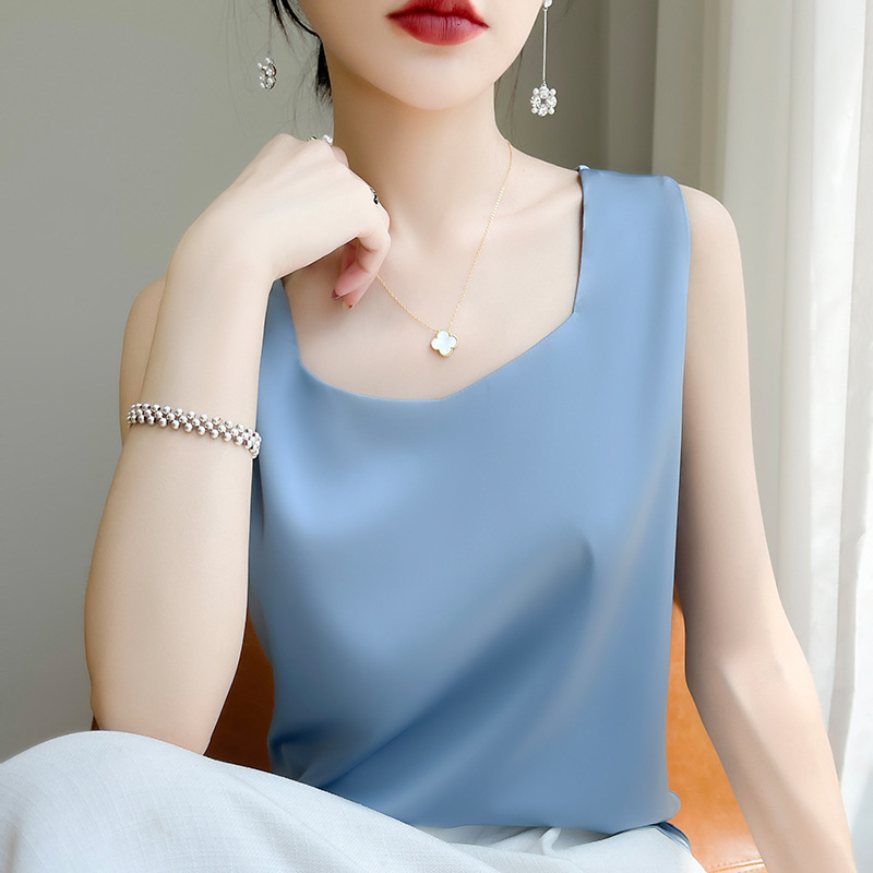 女冰丝真丝吊带纯色背心女23夏季新款小众缎面外搭美背简约女吊带