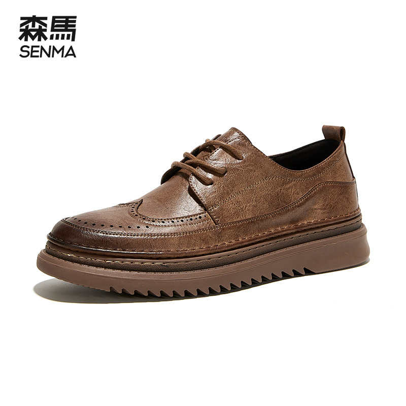 森马休闲皮鞋男英伦风布洛克潮流韩版2022年新款黑色低帮商务正装