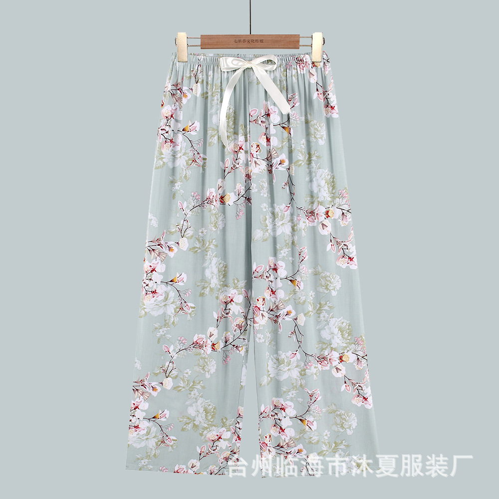 Summer Women's Floral plus Size Breathable Cotton Silk Simple Wide-Leg Pants Can Be Worn outside Home Pants Cropped