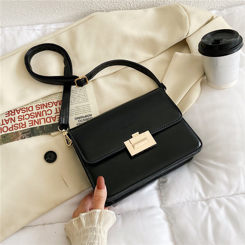 2021 New European and American Fashion Pu Simple Solid Color Lock File Holder Small Square Bag Shoulder Messenger Bag Fashion Women's Bag