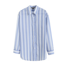 跨境外贸春季新款气质休闲法式慵懒风宽松版型竖条纹长袖衬衫
