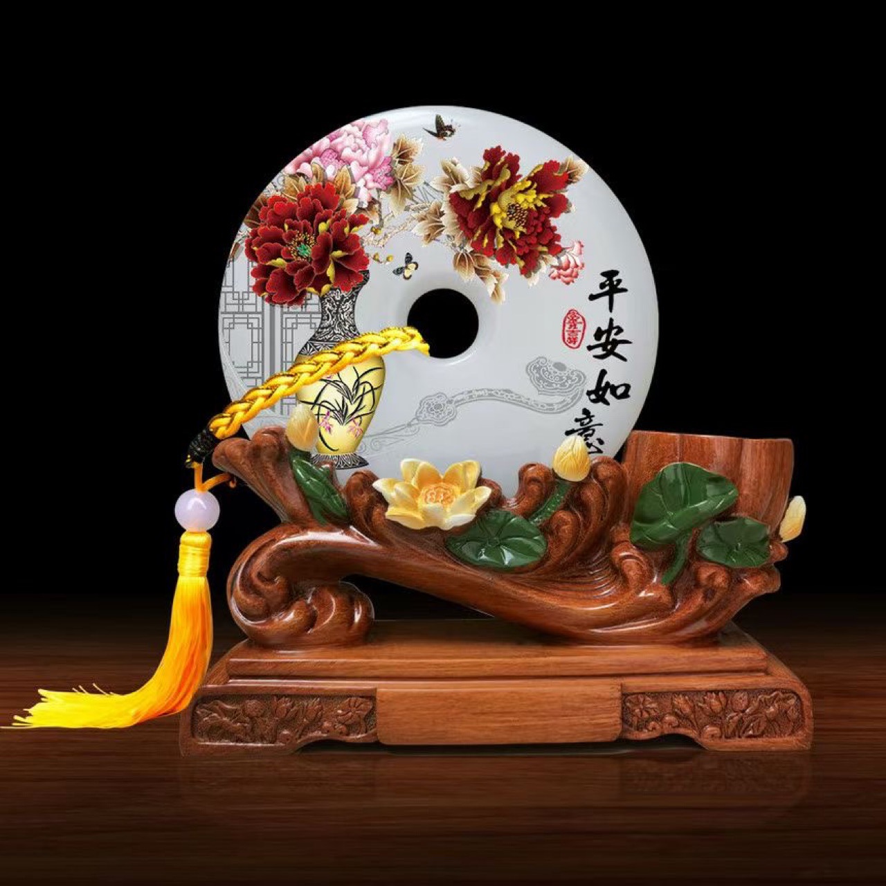 实用商务老板桌面笔筒办公室装饰品工艺纪念品玉石平安如意摆件