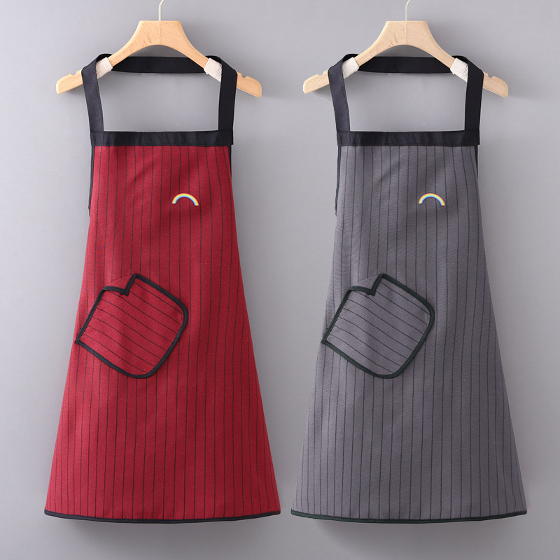 全棉条纹挂脖围裙透气家用厨房女士围腰高档饭店工作服厂家批发
