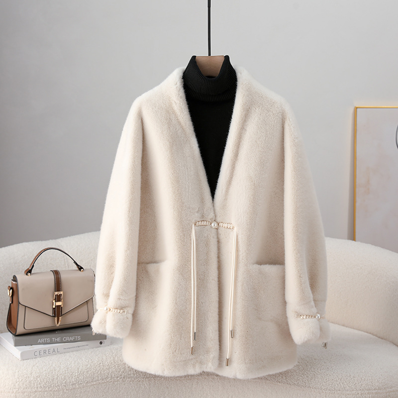 中国风盘扣金貂绒仿水貂毛环保皮草外套女皮毛一体大衣2023冬新款