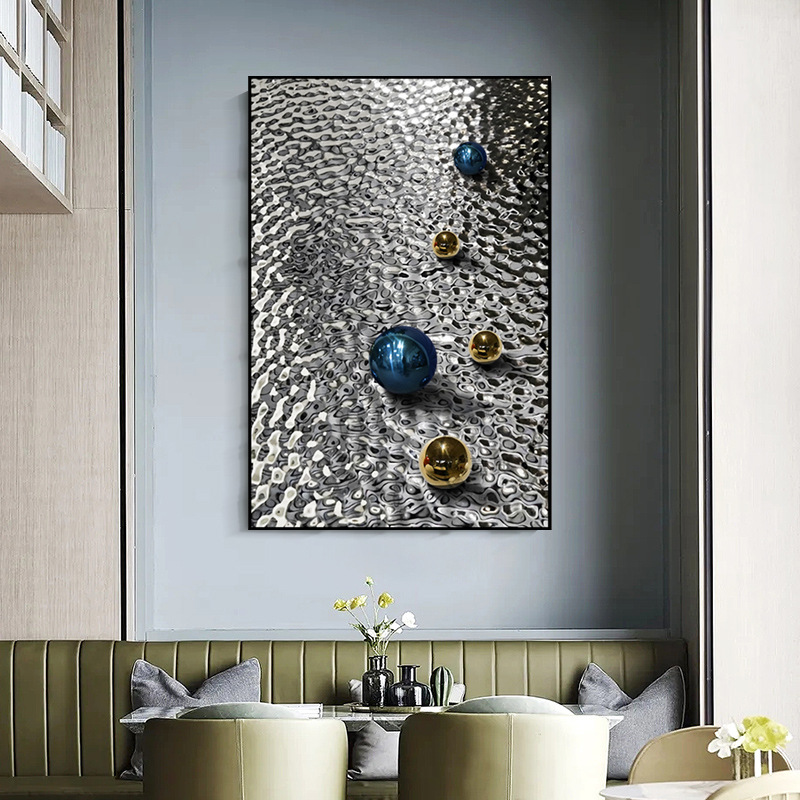 现代简约实物画不锈钢球轻奢样板房壁画售楼处客厅背景墙装饰挂画