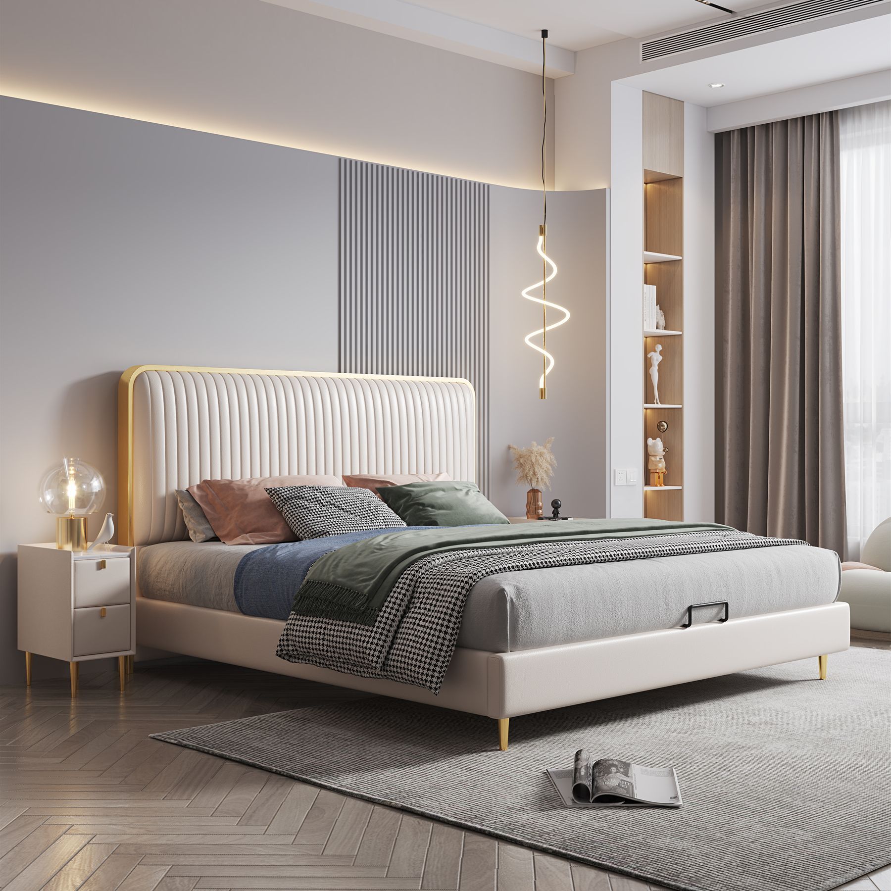 亿嘉意式真皮床轻奢现代简约卧室双人皮质高脚婚床多功能软体皮床