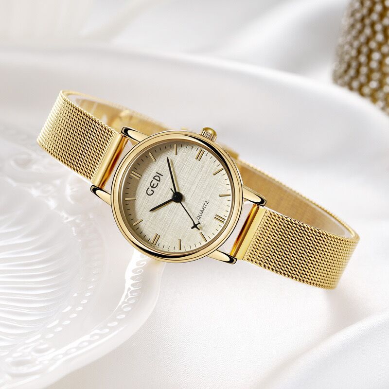 gedi歌迪新款钢带手表女小众布纹面皮带歌迪时尚飞机秒针网带表