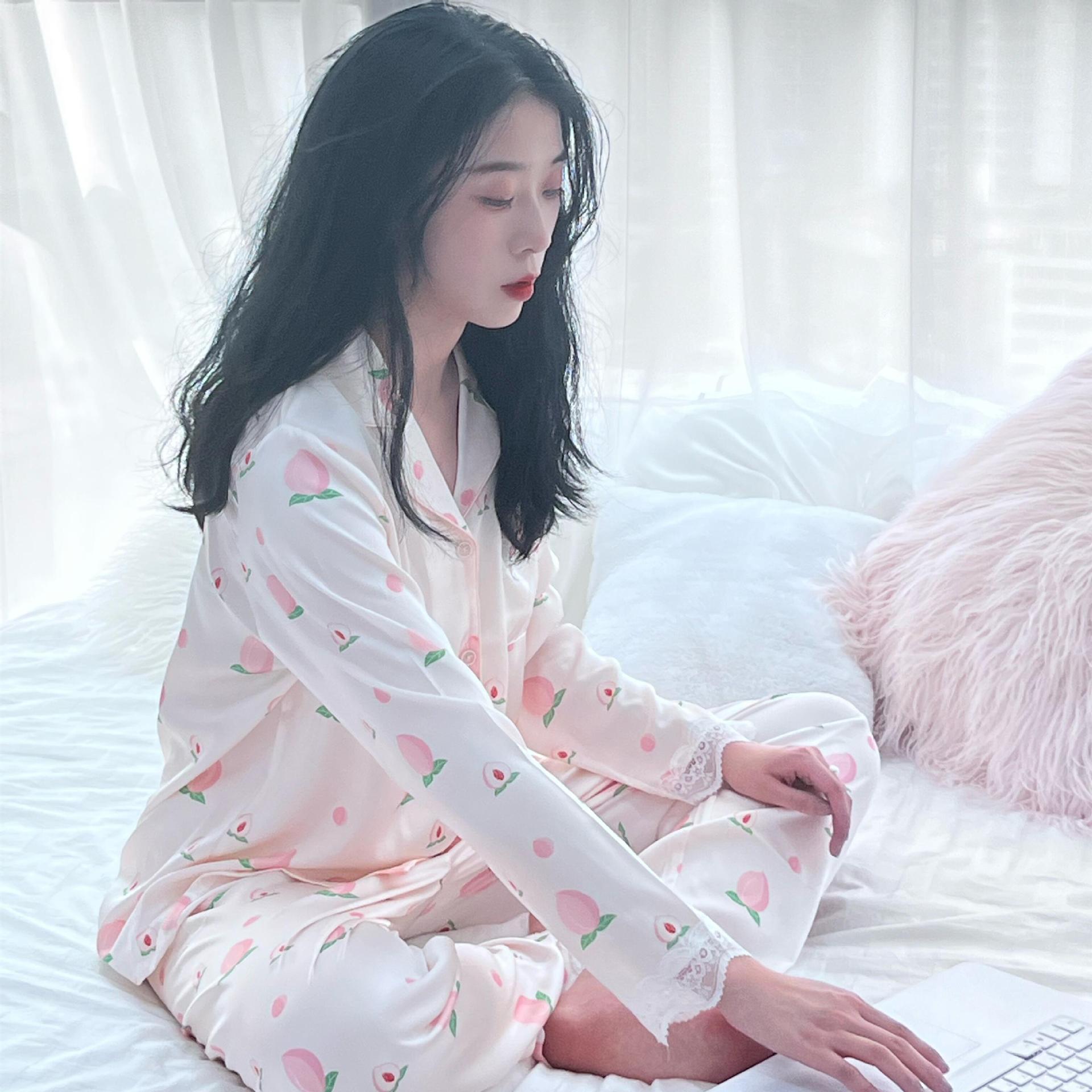 睡衣女夏秋款水蜜桃少女感冰丝睡衣长袖长裤可爱家居服套装可外穿