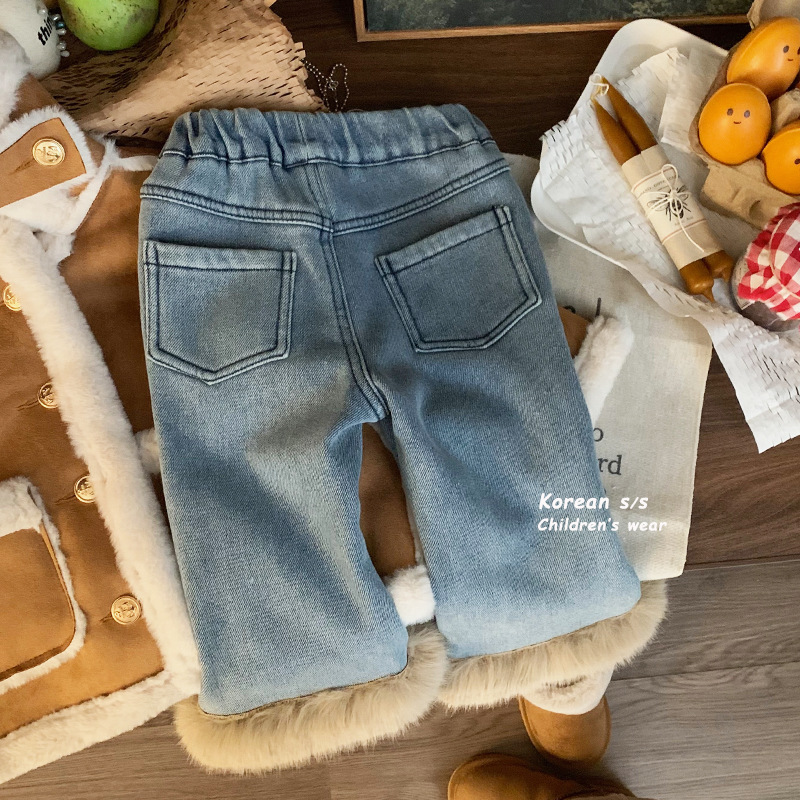 Deer Deer Girls' Fleece-Lined Trousers 2023 Winter New Children's Foot Mouth Fur Single-Layer Fleece-Lined Denim Bell-Bottom Pants