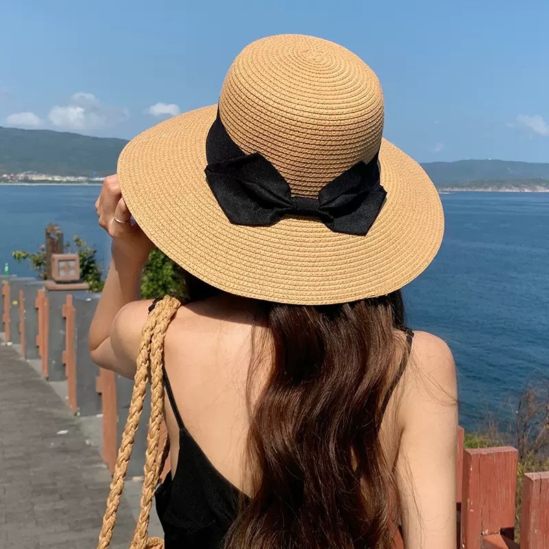 Women's Hat Beach Straw Hat Korean Style Fashionable All-Matching Japanese Summer Sun-Proof Fresh Bow Big Brim