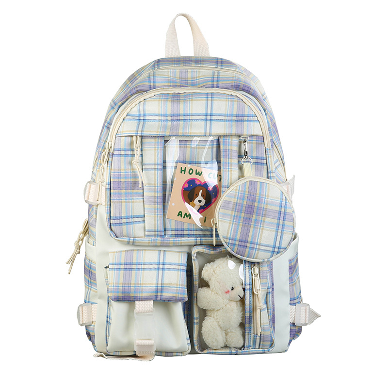 Japanese Fresh Sweet Backpack Korean Style Chic Elegant Student Schoolbag Vintage Style Plaid Preppy Style Canvas Bag