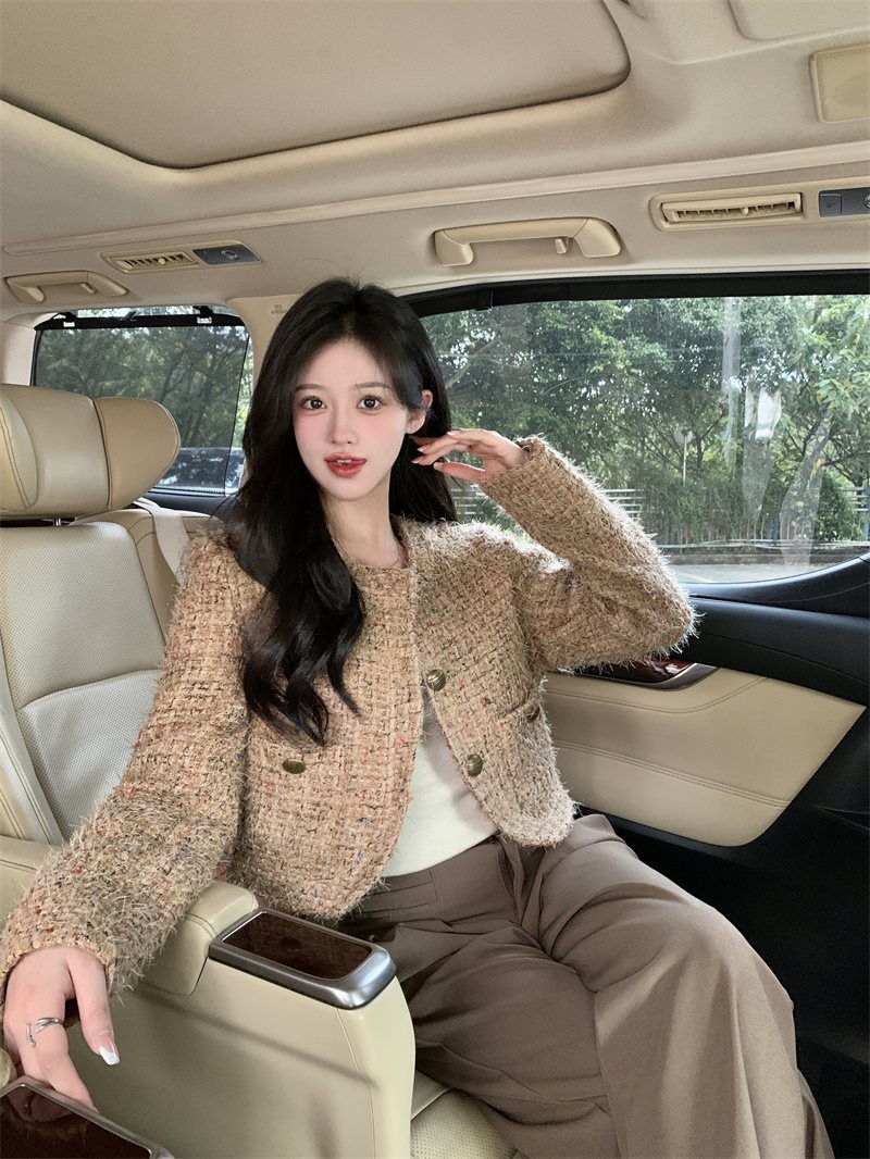 复古短款金色小香风外套女春季毛绒流苏小个子小众气质卡其色上衣