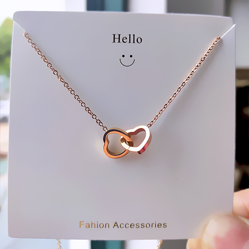 Korean Style 18K Rose Gold Simple Double Ring Heart Clavicle Chain Titanium Steel No Fading Online Influencer Necklace Niche Ins Ornament