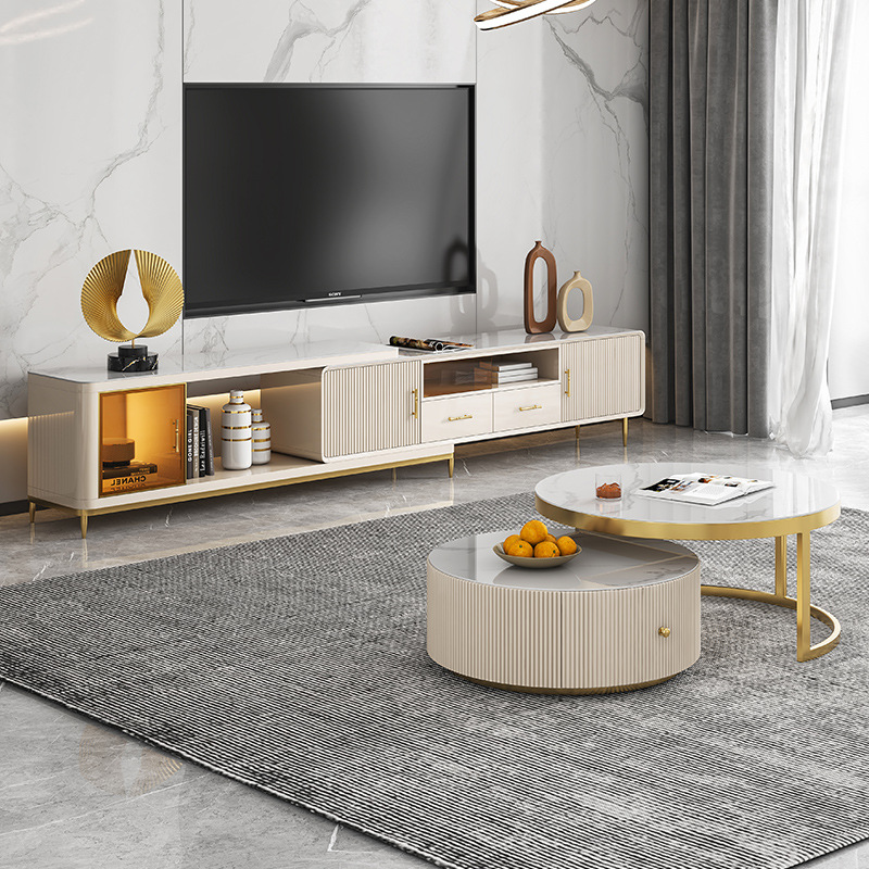 2021网红客厅轻奢亮光岩板伸缩靠墙电视柜现代简约小户型白色烤漆