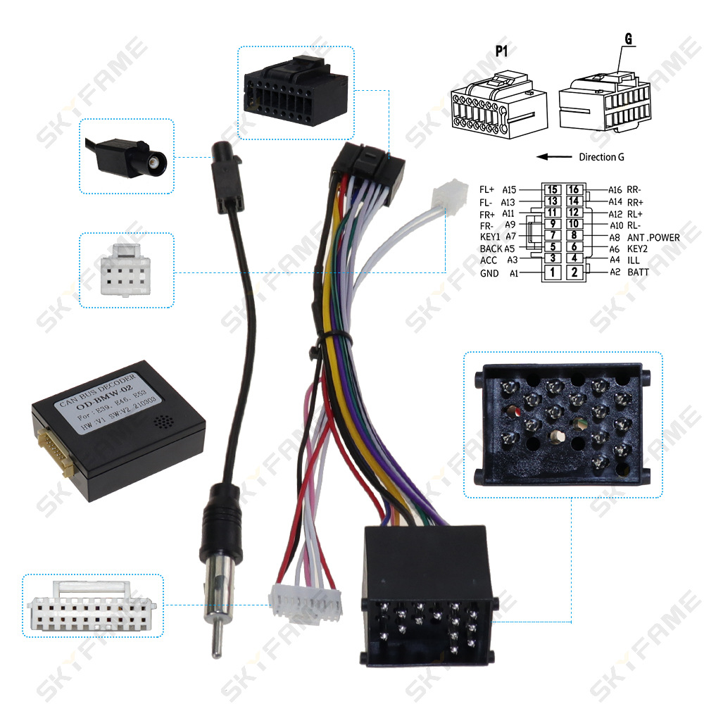 适用宝马e46 e39 e53 安卓大屏导航16针改装小头电源线协议盒