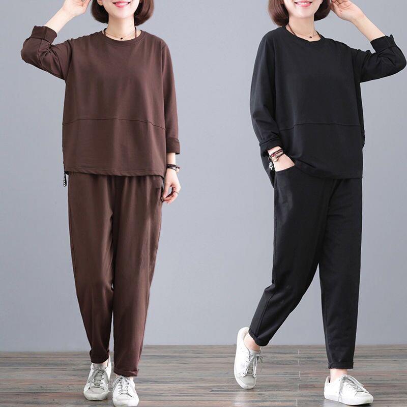 服时尚两件套女潮华夫格运动套装女2023秋冬加绒加厚圆领宽松卫衣九分