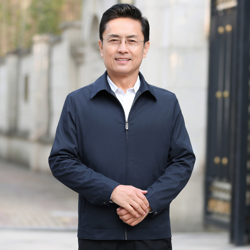 薄款春秋装夹克男中年男装翻领商务休闲爸爸领导干部外套