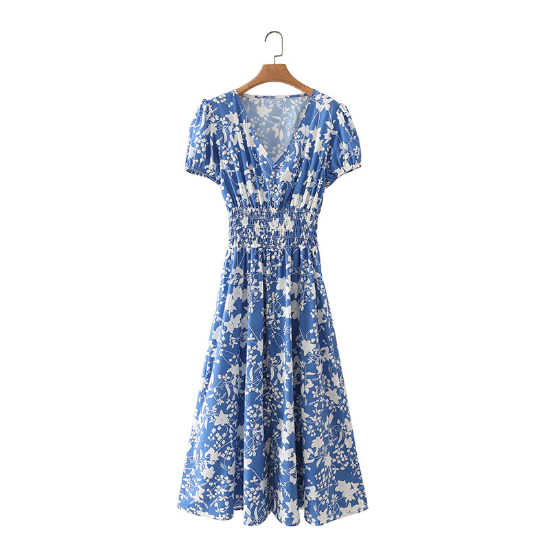 q86634蓝底白花v领长裙xz21104210512