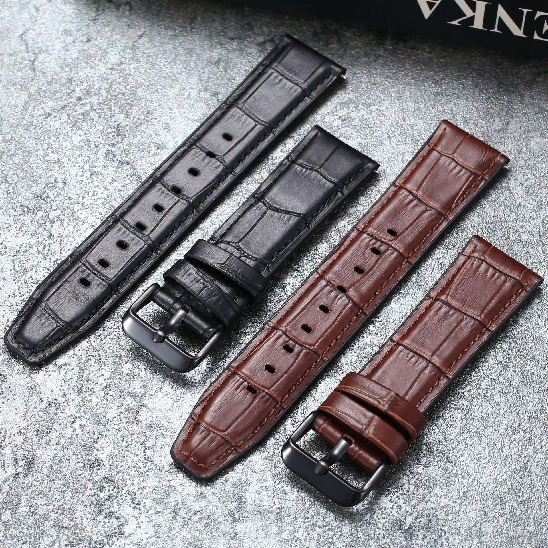 厂家直供适用华为gt3硅胶真皮牛皮柔软竹节纹针扣手表表带24mm