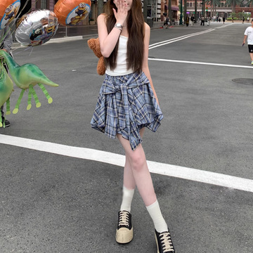 曼城少女 假两件格子半身裙女不规则小众设计感夏季短裙原宿复古