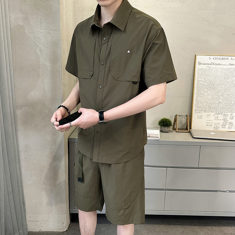 男士夏天套装潮牌工装衬衫搭配短裤一整套夏季时尚休闲穿搭两件套