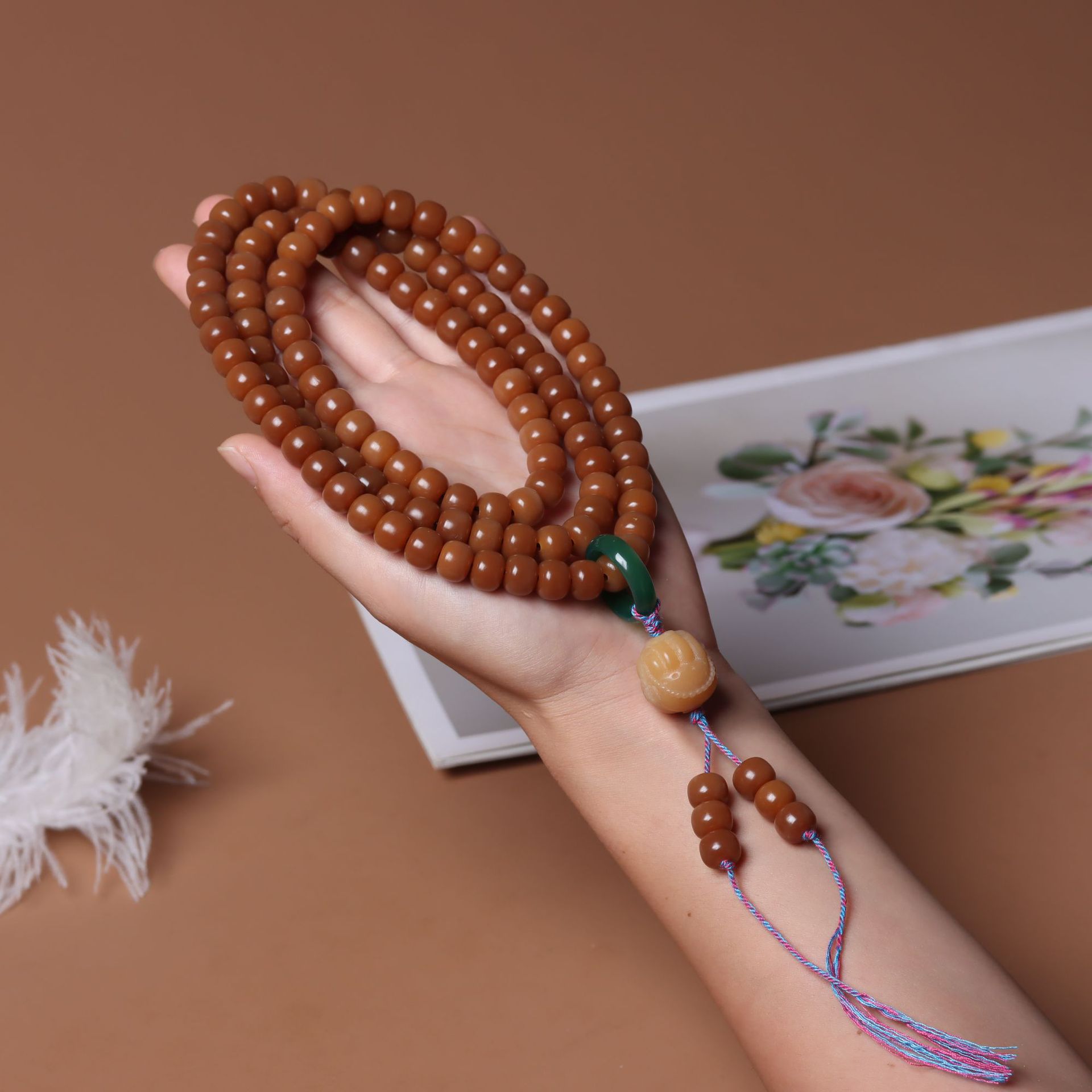 海南白玉菩提根108颗桶珠 高抛平口直播供货风化菩提8*10佛手脖挂