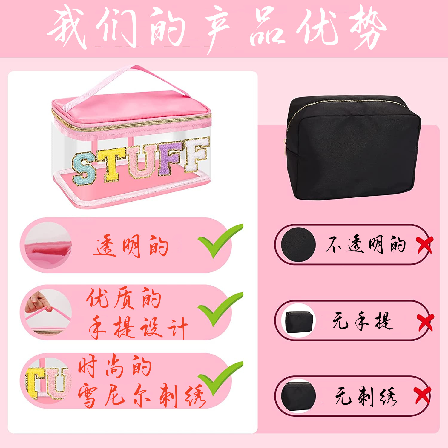 Factory Direct Sales Portable PVC Transparent Embroidery Cosmetic Bag Large Capacity Portable Travel Waterproof Wash Bag Storage Bag