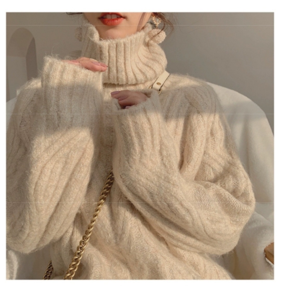 Soft Glutinous Turtleneck Sweater for Women Autumn and Winter Lazy Style Loose Outer Wear Thick Warm White Cable-Knit Pullover Sweater