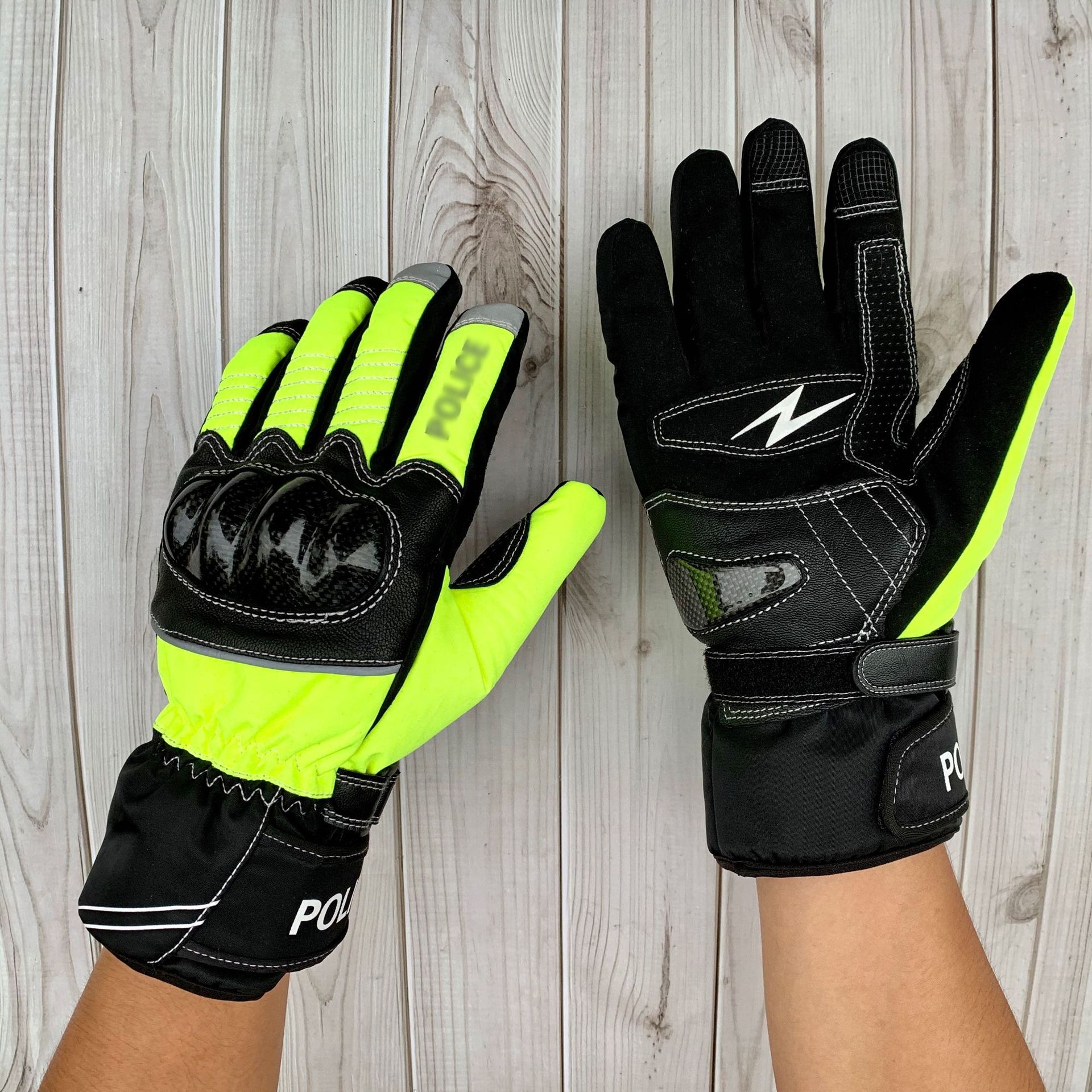 铁骑手套荧光绿反光碳纤维硬壳冬季防水战术骑机车摩托车真皮手套