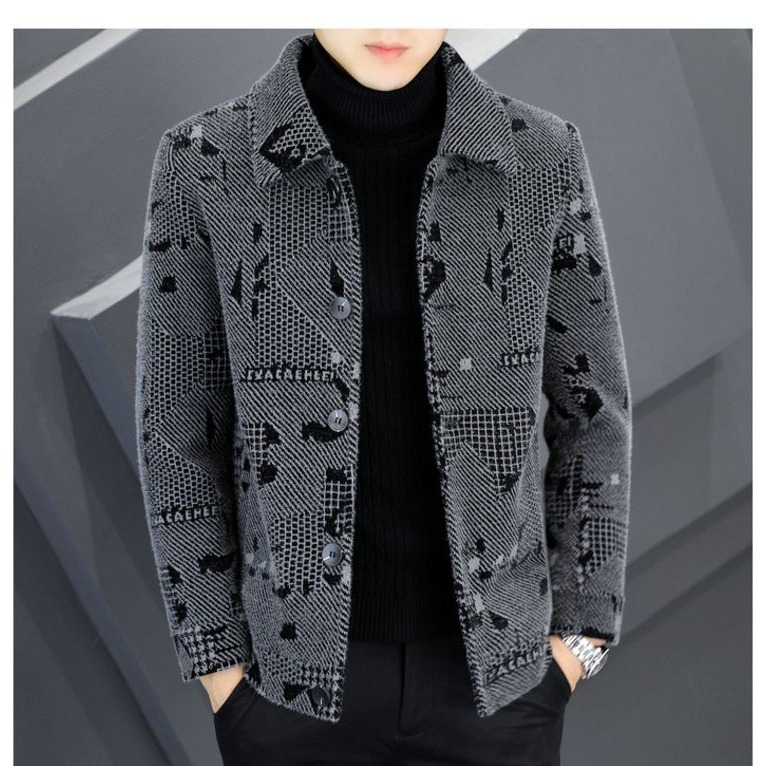 男士秋冬季新款翻领夹克加绒加厚纽扣呢子保暖时尚潮流开衫外套衣