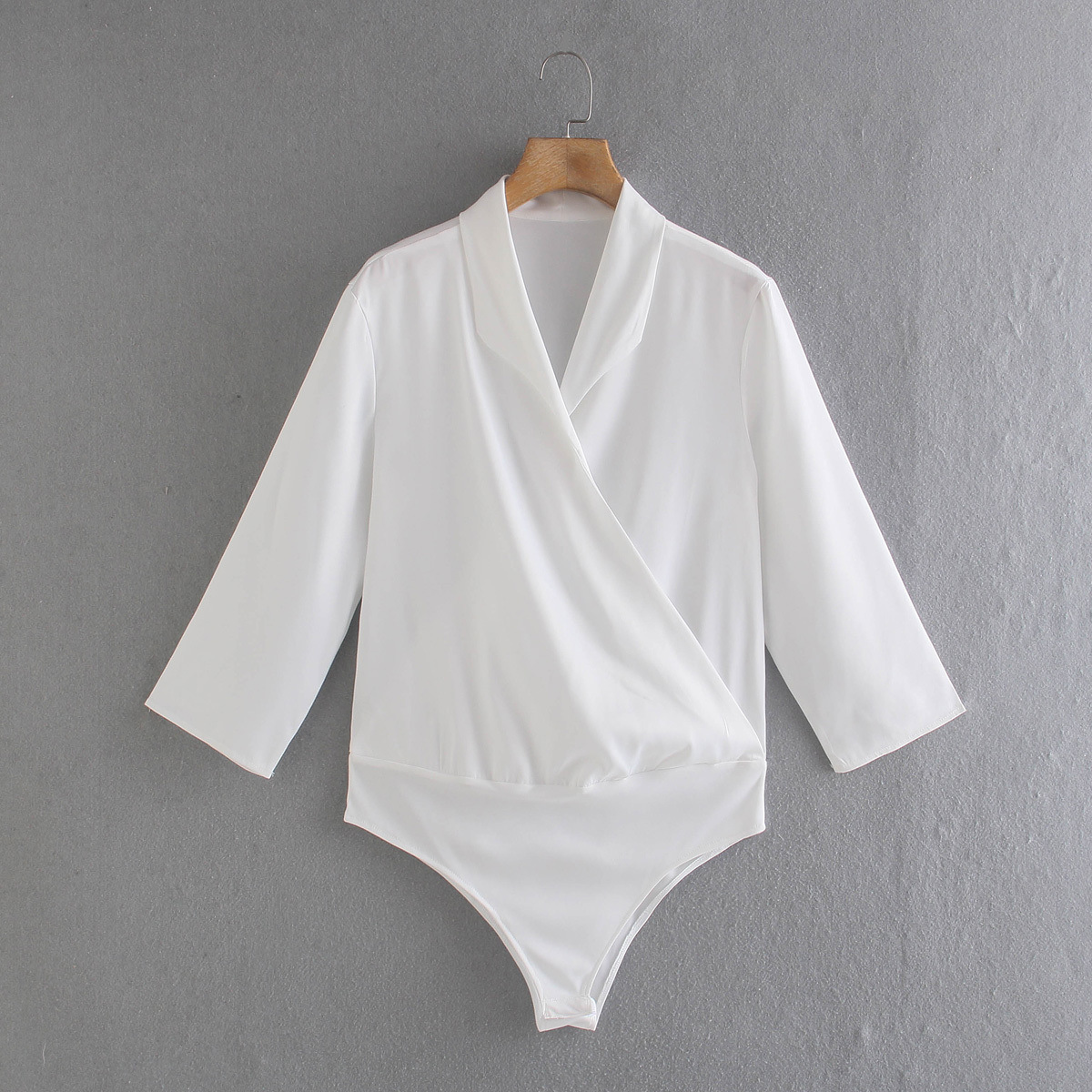 2021春季新款女装欧美风交叉v领九分袖丝缎质感双襟连体衣衬衫女