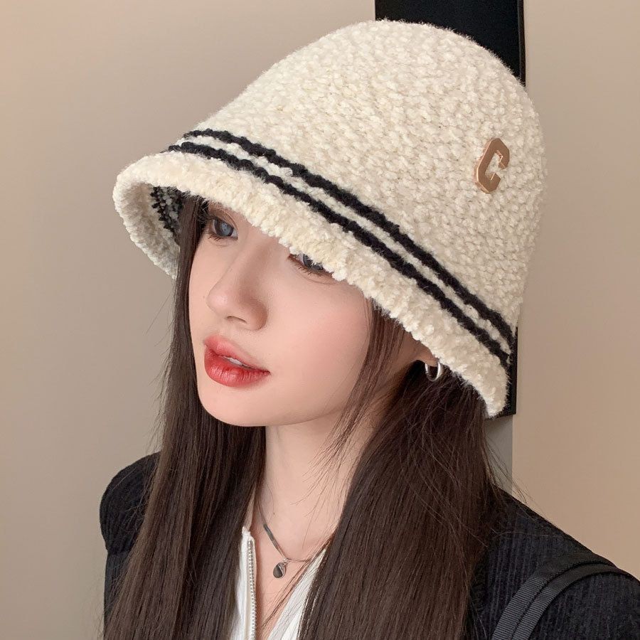 网红条纹帽子女秋冬季保暖毛呢渔夫帽羊羔绒字母百搭拼色盆帽