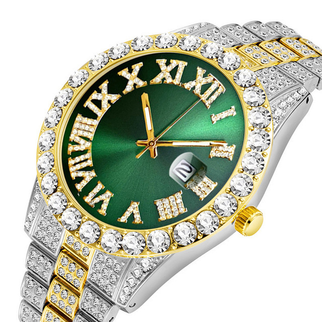 European and American New Water Ghost Big Rhinestone Diamond Men's Watch Roman Scale Calendar Hip Hop Watch Men's Gold Watch Green Full Diamond Watch