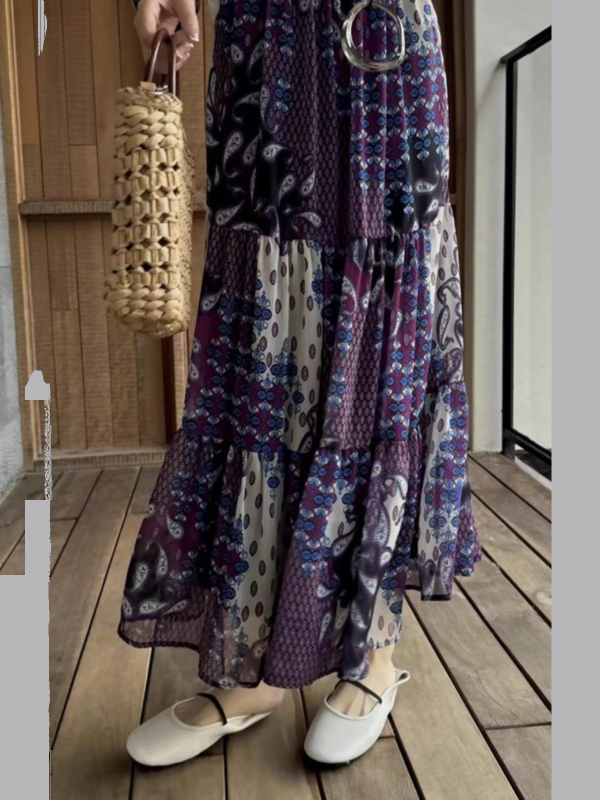 欧美高端女装印花桑蚕丝半身裙轻薄飘逸真丝中长裙2024休闲度假裙