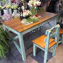 8KIJ美式桌复古实木桌椅组合长方形做旧阳台桌花店桌子工作台快餐
