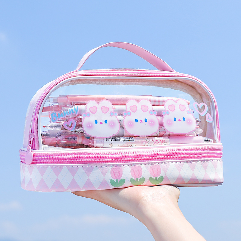 Fresh Student Pencil Case Large Capacity Pencil Case Double Layer Girl Heart Storage Middle School Student Stationery Box Pencil Box Upper and Lower Layer
