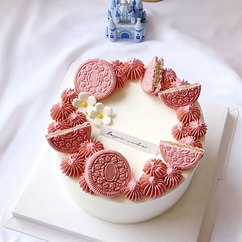 粉色樱花白桃抹茶可可大圆饼干圆形慕斯蛋糕装饰摆件烘焙原料零食