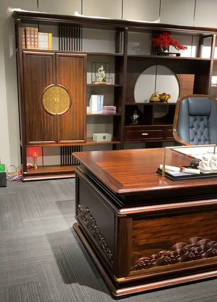 新中式纯实木办公家具海浪系列乌金木大班台老板桌总裁经理室书桌