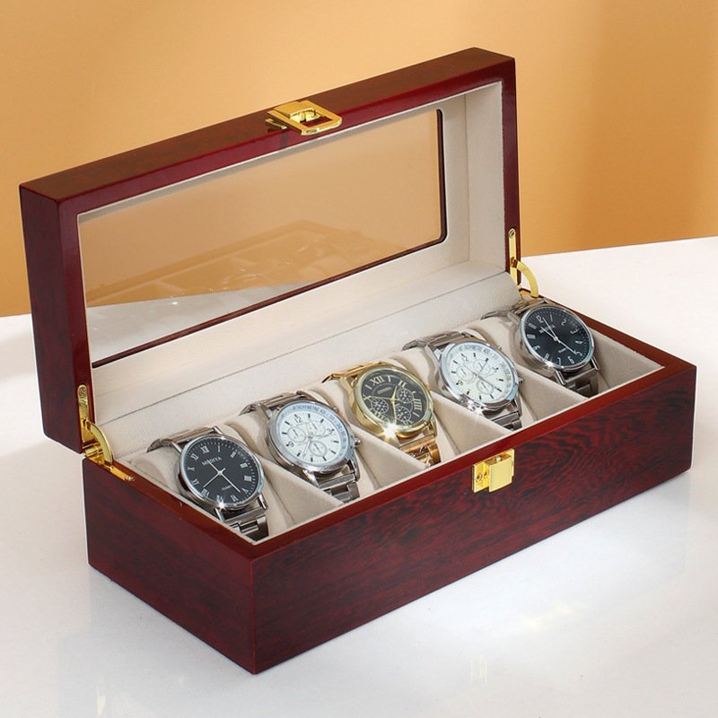 Solid Wood Red Baking Varnish Simple Home Watch Box Five-Bit Collection Box Storage Box High-Grade Gift Box Display Box