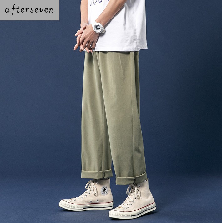 高帮帆布鞋搭配裤子男直筒宽松薄款军绿色休闲裤微胖遮肉粗腿裤潮