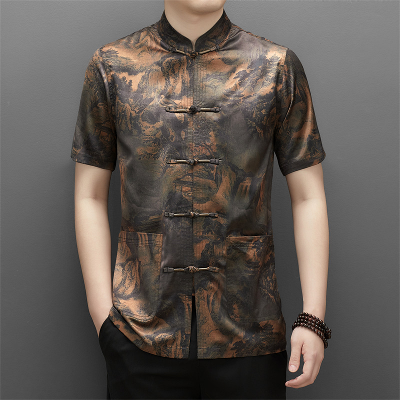 夏季新款立领盘扣短袖衬衫男中国复古风印花气质国潮唐装上衣